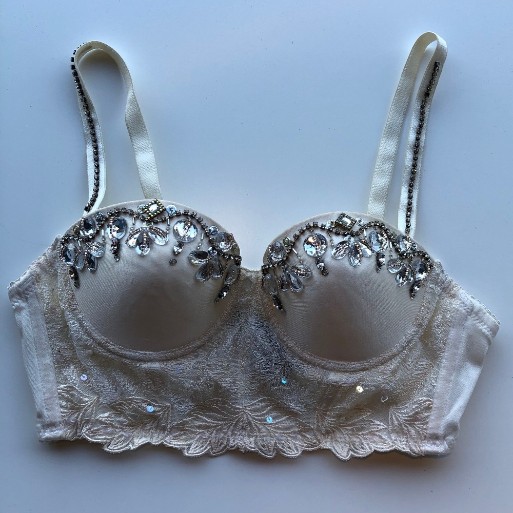 Rhinestone Jeweled Trim Longline Bra 32B